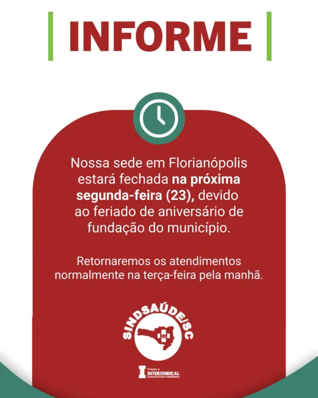 📆 Funcionamento da sede de Florianópolis

🔒 A sede de Florianópolis estará fechada na próxima segunda-feira (23), feriado de aniversário do município. O atendimento presencial retorna normalmente na terça-feira a partir das 8h.

📞 Durante esse período, a diretoria estará respondendo emergências pontuais através do WhatsApp (48)98802-6157.