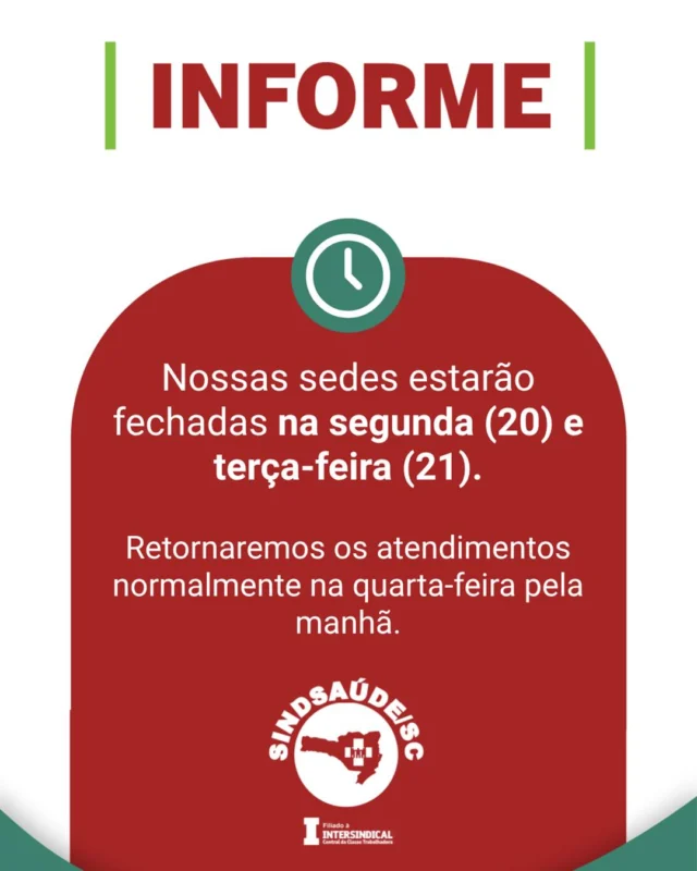 📆 Feriado de Tiradentes

🔒 Nossas sedes não terão expediente na segunda (20) e terça-feira (21). O atendimento presencial retorna normalmente na quarta-feira a partir das 8h.

📞 Durante esse período, emergências pontuais podem ser encaminhadas no WhatsApp (48)98802-6157.