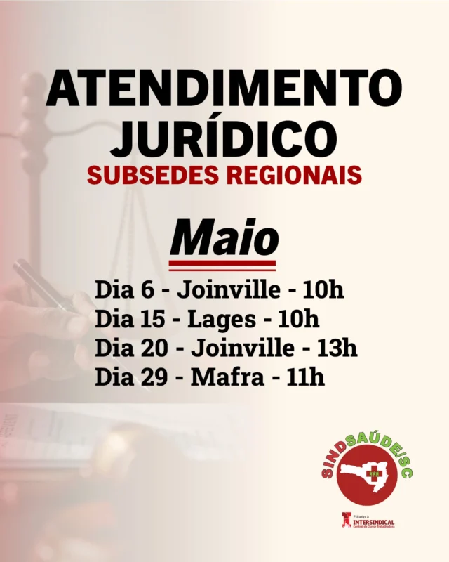 ⚖️ Atendimento jurídico nas subsedes

Acompanhe as atividades itinerantes do nosso jurídico nas subsedes em maio!

📌 Em Mafra e Ibirama, os atendimentos ocorrem com alternância de meses. Em maio, temos agenda em Mafra. Em junho, será em Ibirama.

Os atendimentos presenciais e online na sede de Florianópolis também continuam acontecendo todas as semanas. O agendamento pode ser feito ligando para (48)3222-4552 ou pelo WhatsApp (48)98825-5051

📞 Na dúvida, procure o sindicato!