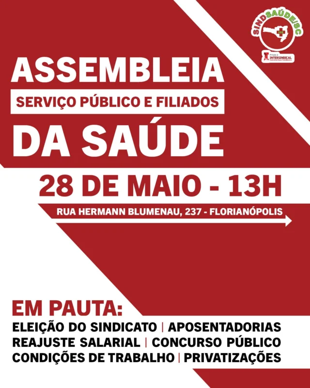 🚩 QUINTA-FEIRA TEM ASSEMBLEIA!

🚌 Confira os horários de saída dos ônibus:

📌 Grande Florianópolis:
12h15 - Hospital Santa Teresa
12h30 - Instituto de Psiquiatria (IPQ)
12h45 - Hospital Regional de São José

📌 Joinville:
8h - Hospital Regional
8h30 - Maternidade Darcy Vargas

📌 Lages:
7h - Hospital Tereza Ramos

📌 Mafra:
6h - Maternidade Dona Catarina Kuss

Trabalhadores de outras unidades da Grande Florianópolis poderão pegar uber saindo do local de trabalho e solicitar reembolso para o sindicato mediante apresentação da nota fiscal.

🚩 Organize-se com seus coletas e participe!

O quê? Assembleia do SindSaúde/SC
Quando? 28 de maio, quinta-feira, às 13h
Onde? Rua Hermann Blumenau, 237